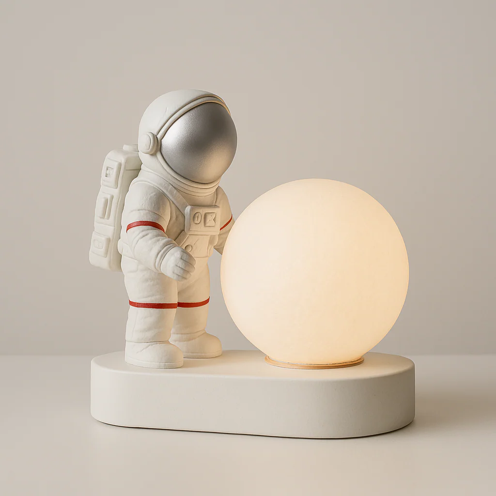Luminária de Mesa Abajur Infantil Moderno Resina Vidro Globo Branco LED Astronauta Dream