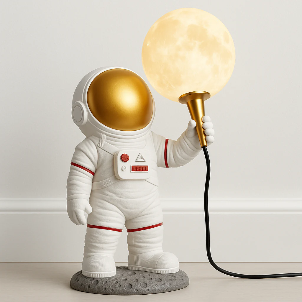 Luminária de Mesa Abajur Infantil Moderno Resina Vidro Globo Astronauta Moon