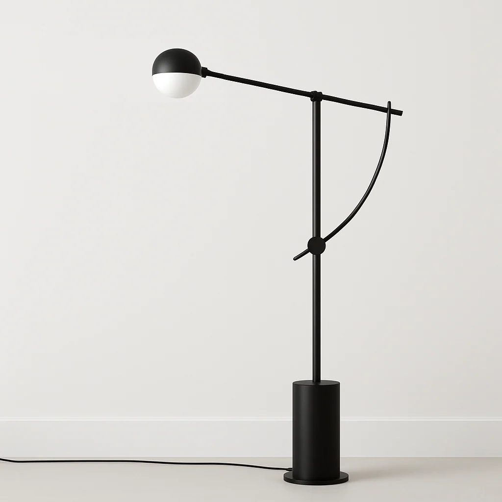Luminária de Piso Coluna Articulada Moderna Minimalista Vidro Metal Globo Preto Drag