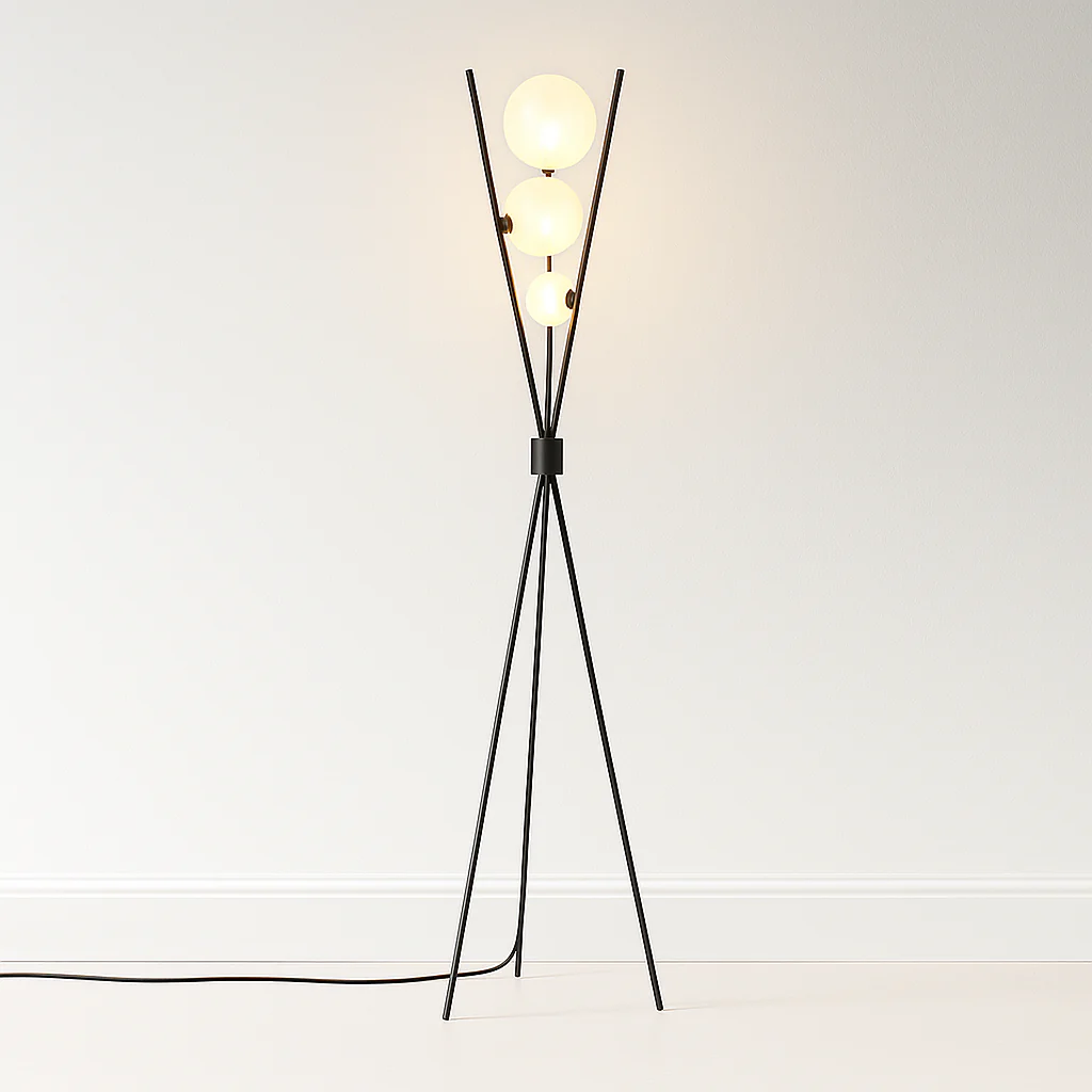 Luminária de Piso Coluna Moderna Minimalista Vidro Metal Globos Preto Bonfire