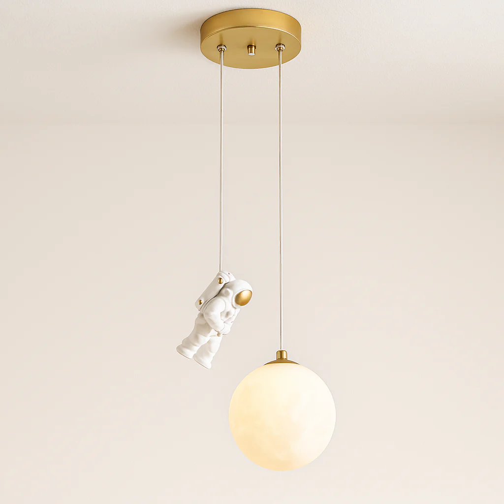Luminária Pendente Infantil Moderno Resina Vidro Globo Lua Astronauta
