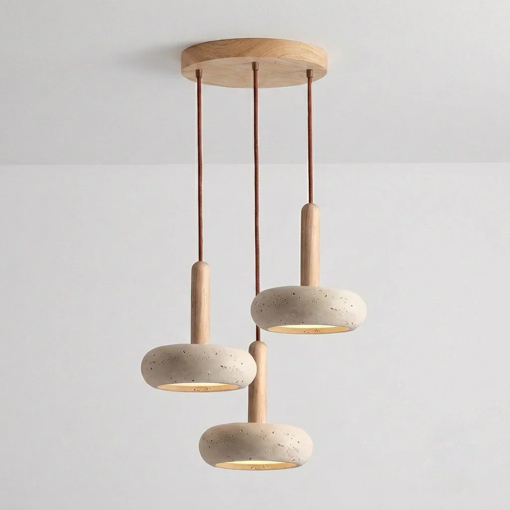 Luminária Pendente Moderno Minimalista Madeira Carvalho Mármore Travertino Vitta - Image 2