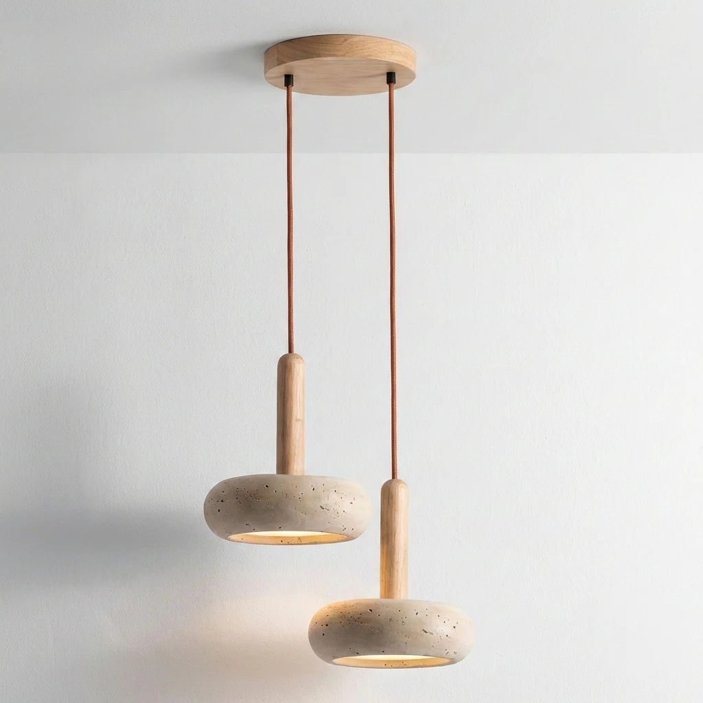Luminária Pendente Moderno Minimalista Madeira Carvalho Mármore Travertino Vitta - Image 4