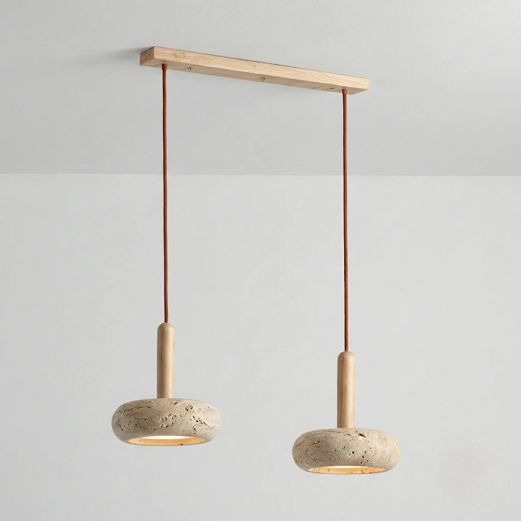 Luminária Pendente Moderno Minimalista Madeira Carvalho Mármore Travertino Vitta - Image 5