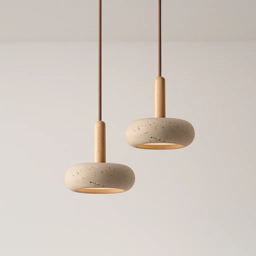 Luminária Pendente Moderno Minimalista Madeira Carvalho Mármore Travertino Vitta - Image 6