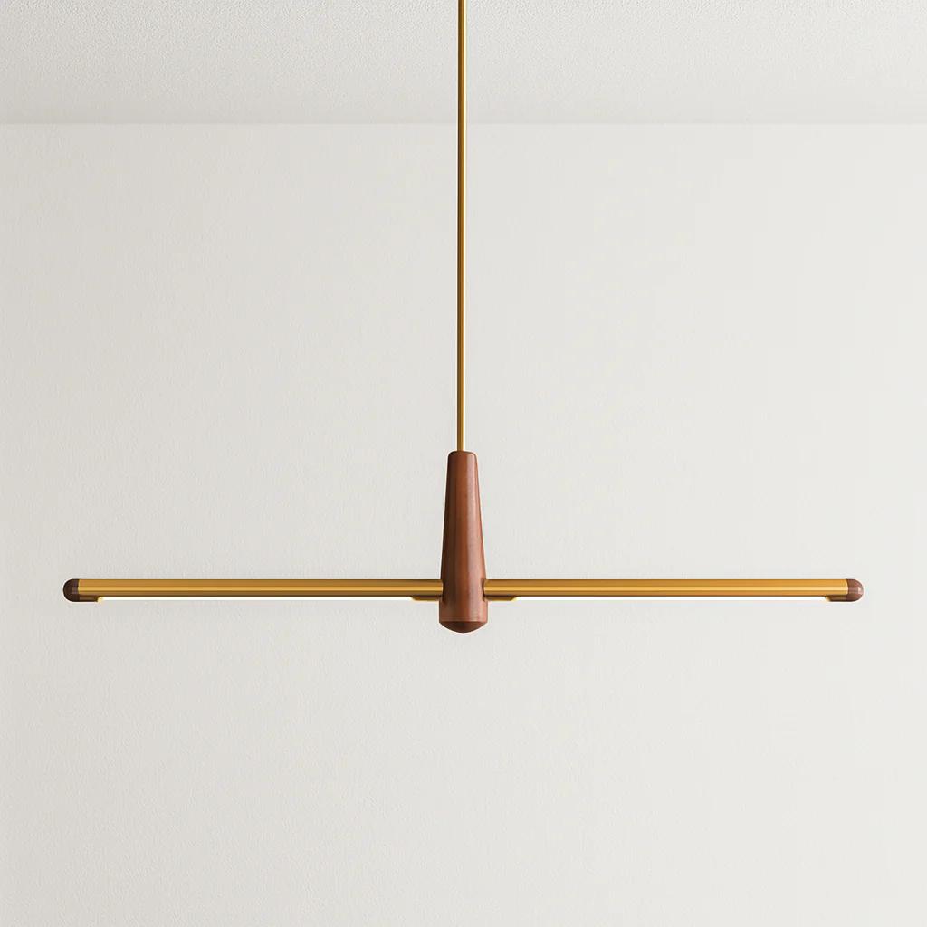 Luminária Pendente Moderno Minimalista Madeira Nogueira Metal Linear LED Ives