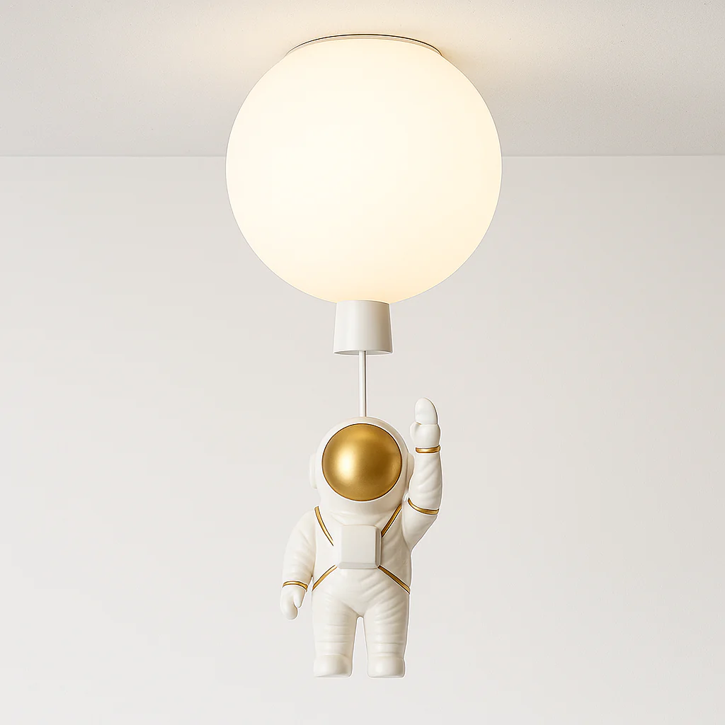 Luminária de Teto Plafon Sobrepor Orgânico Infantil Minimalista Vidro Metal Globo Lúdico Astronauta Lua Wings