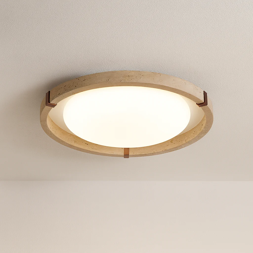 Luminária de Teto Plafon Sobrepor Redondo Moderno Minimalista Mármore Travertino Madeira LED Valga