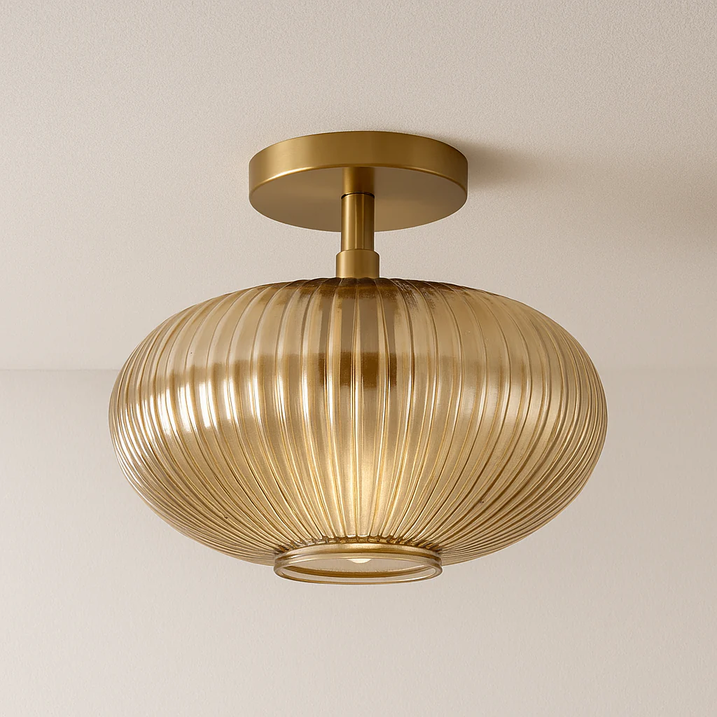 Luminária de Teto Plafon Sobrepor Redondo Moderno Minimalista Retrô Vintage Vidro Canelado Metal Globo Atter