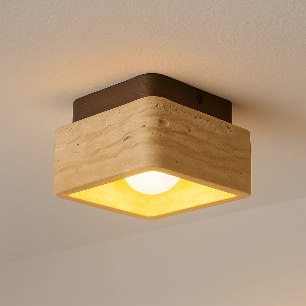 Luminária de Teto Plafon Sobrepor Quadrado Moderno Minimalista Rústico Madeira Mármore Travertino Santó